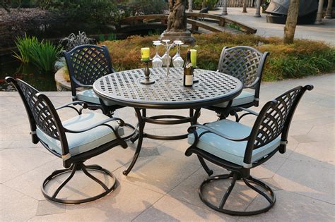 hennessey outdoor patio dining set with swivel rockers cast aluminum 5 piece in light blue