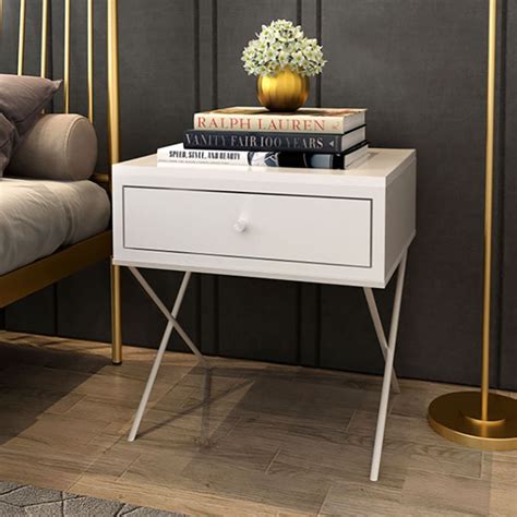 Modern White Nightstand Minimalist Lacquered Bedside Table With 1