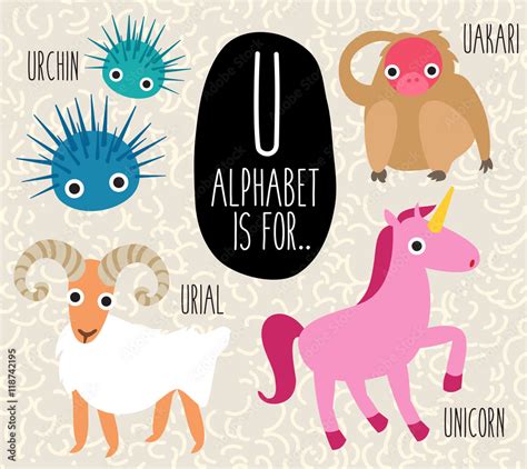Cute Animal Alphabet Set Letter U Vector Illustration Stock Vector