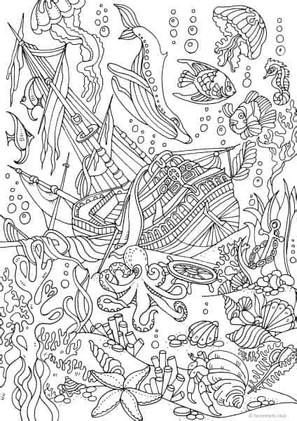 Ocean Life Sunken Ship Printable Adult Coloring Pages From Favoreads