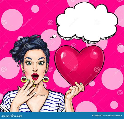 Pop Art Woman Hold Red Heart Comic Woman Pop Art Love Valentines Day Postcard Stock