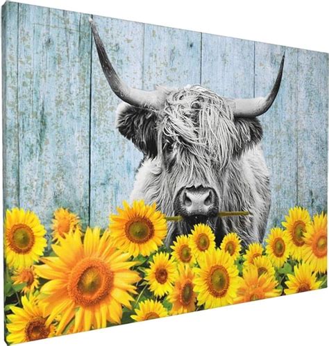 Fzryhaika Highland Cow With Sunflowers Canvas Wall Art，cattle On Wood