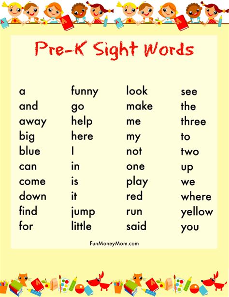 Pre Kindergarten Sight Word List Kindergarten