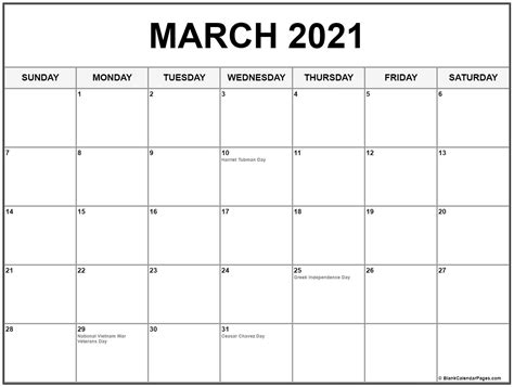 March 2021 Calendar With Holidays Printable Calendars 2021