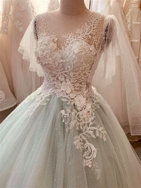Sweetheart ball gown wedding dress with colored sash milanoo. Various styles - Pastel mint green floral lace ball gown ...