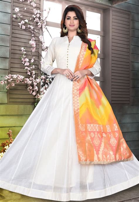 White Cotton Readymade Long Anarkali Suit 172125 Long Frocks