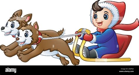 Vector Illustration Of Cartoon Boy Riding A Sleigh Pulled By Dog Stock