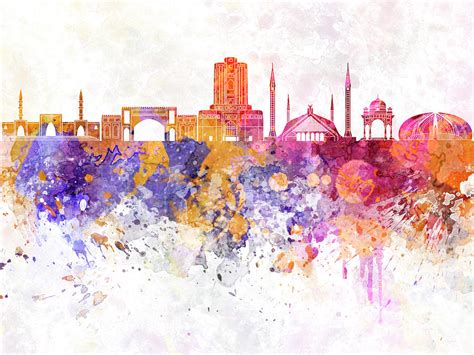 Image for presentation banner placard and web site. Islamabad skyline in watercolor background Painting by ...