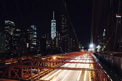 Bridge And Skyscrapers At Night In New York City Image Free Stock