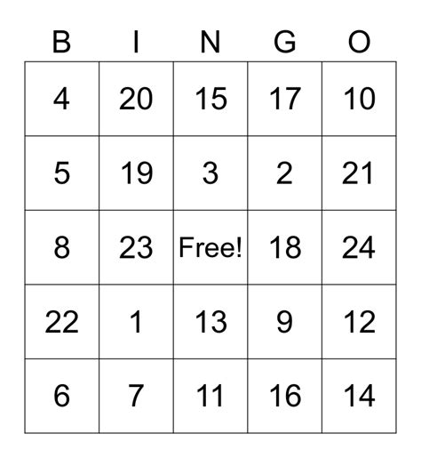 Number Bingo 1 20 Bingo Card