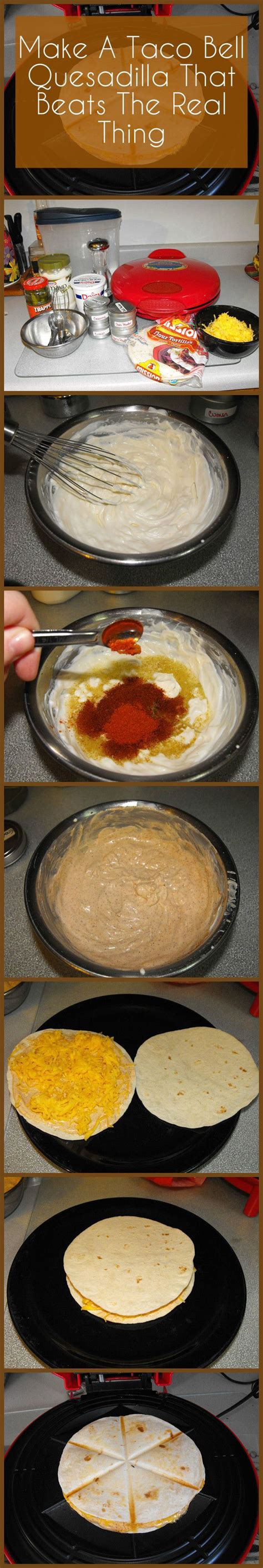 Taco bell may not be the healthiest meal option, but honestly, if you are making a run for the border, you probably aren't counting calories and there's no judgement here if you aren't. Learn how to make a Taco Bell quesadilla at home that ...