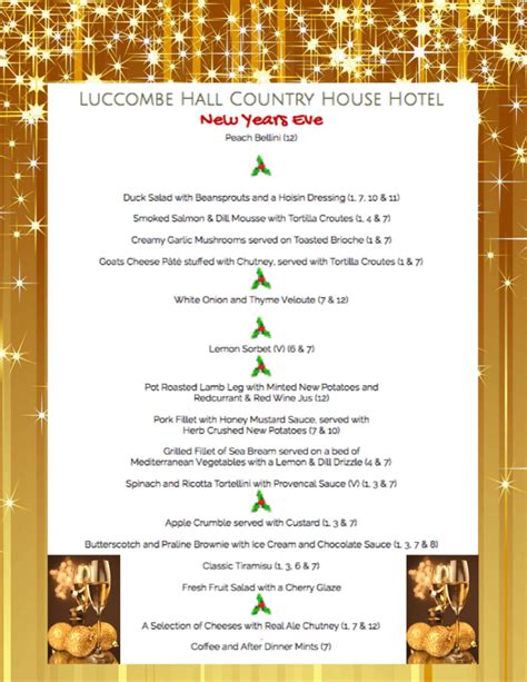 Luccombe Hall Country House New Years Eve Gala Menu Isle Of Wight