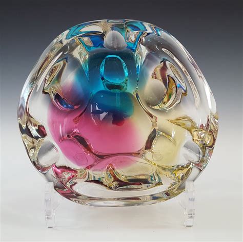 Sanyu Japanese Amber Pink And Blue Glass Fantasy Bowl Blue Glass