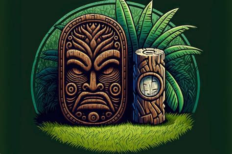 Premium Photo Idols And Totems On Islands Wooden Tiki Mask On Background Of Grass And Pedestal