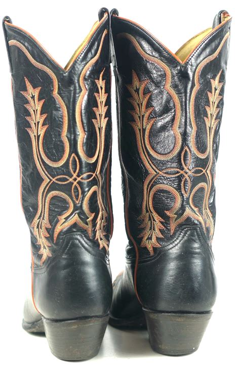 Tony Lama Black Leather Cowboy Boots Pumpkin Wingtip Vintage Us Made