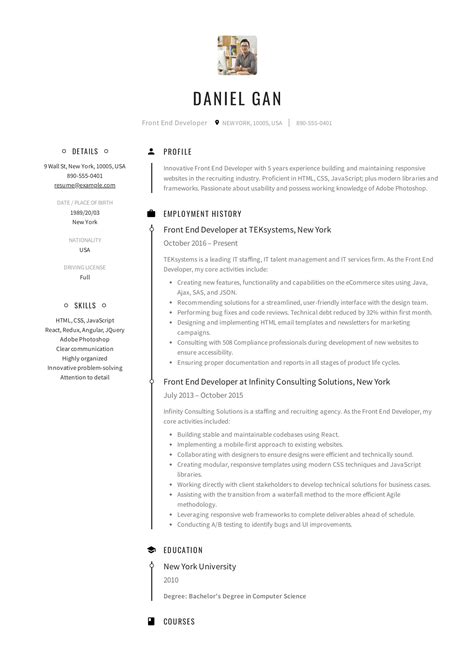 Weaving together the utility of technical design with the aesthetics and creativity that clients crave. Front-End Developer Resume Example | Resume examples, Web ...