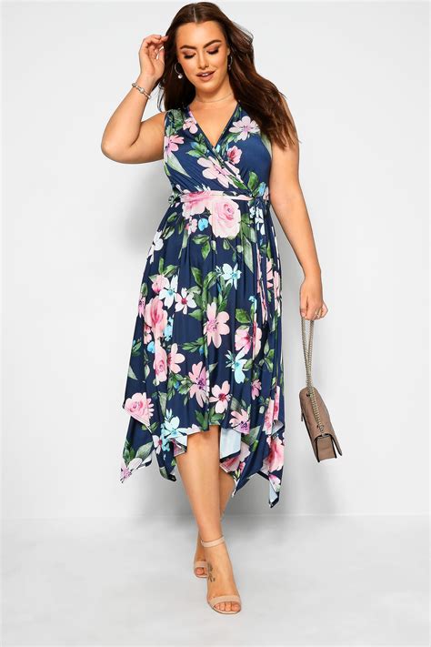 YOURS LONDON Navy Floral Hanky Hem Dress Yours Clothing