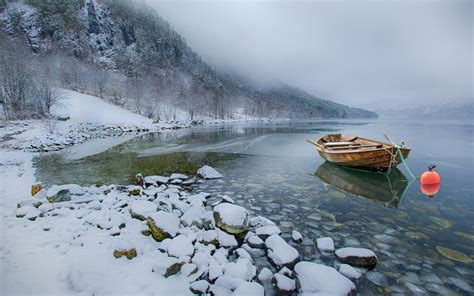 Nature Landscape Snow Lake Mountains Winter Boat Mist Calm Cold Wallpapers Hd Desktop