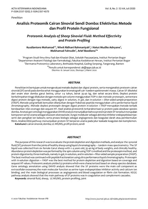 Pdf Analisis Proteomik Cairan Sinovial Sendi Domba Efektivitas Metode Dan Profil Protein