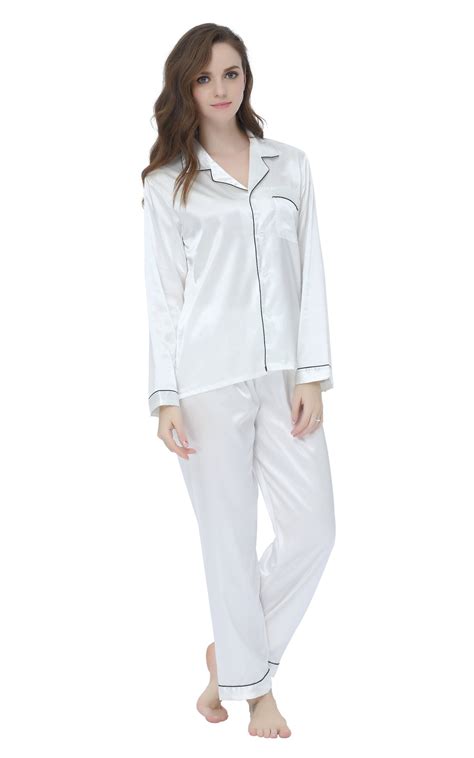 Womens Silk Satin Pajama Set Long Sleeve White With Black Piping