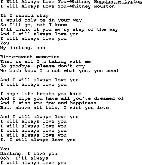 Love Song Lyrics for:I Will Always Love You-Whitney Houston in 2022