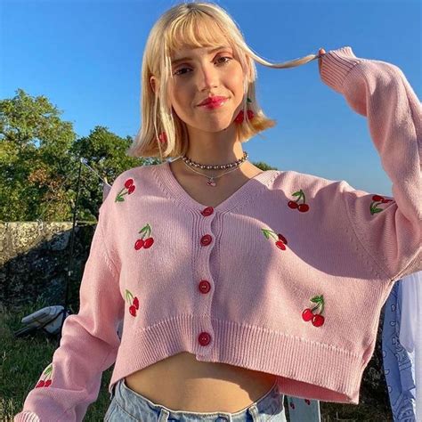 Cherry Crop Sweater In 2021 Aesthetic Sweaters Long Sleeve Knitted