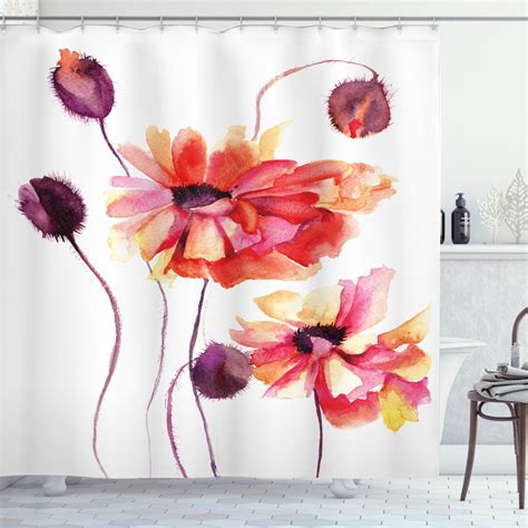 Ambesonne Flower Shower Curtain Watercolor Poppies Buds 69wx70l