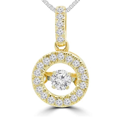 round cut dancing diamond halo pendant necklace with chain in yellow gold skp15329 20 y