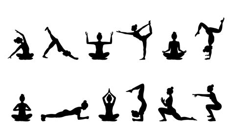Set Of Black Silhouettes Of Woman In Different Yoga Poses Isolated On