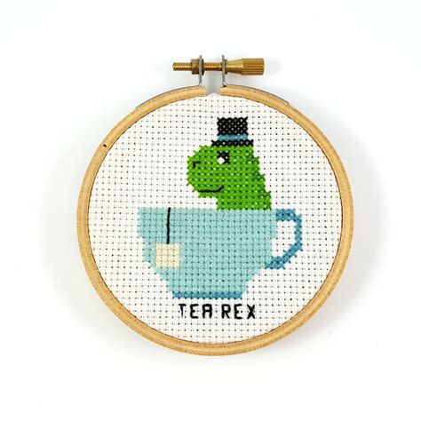 tea-rex-cross-stitch-ringcat-design-mini-cross-stitch,-cross-stitch-patterns,-cross-stitch-funny