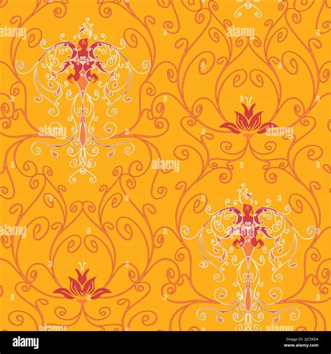 Seamless Vector Pattern With Phoenix And Lotus Flower On Yellow