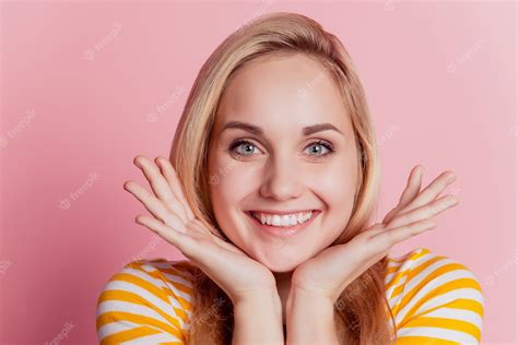 Premium Photo Portrait Of Adorable Cute Lady Hands Face Shiny Smile On Pink Background