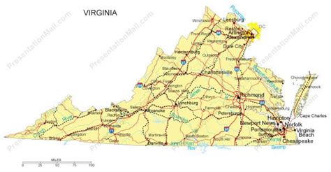 Virginia Map Major Cities Roads Railroads Waterways Digital