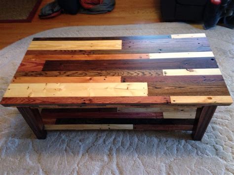 Coffee table made from pallet wood. Top view showing different wood