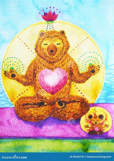 Lotus Pose Yoga Watercolor Painting Chakra Power Cute Big Bear And
