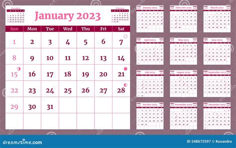 Plantilla De Calendario 2023 Con Fases De Luna La Semana Comienza El