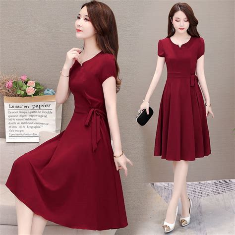 Vgobuy Korean Style Summer Womens Dress Solid Color V Neck Short Sleeve A Line Temperament Dress