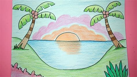 Ada gunungnya, ada danaunya, dengan sedikit pemandangan pepohonan. Contoh Gambar Mewarnai Pemandangan Sunset - KataUcap