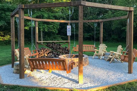 We built the swings using the plan from this website. Swings Around Fire Pit Plans : Porch Swing Fire Pit Gazebo With Fire Pit Fire Pit Backyard Fire ...