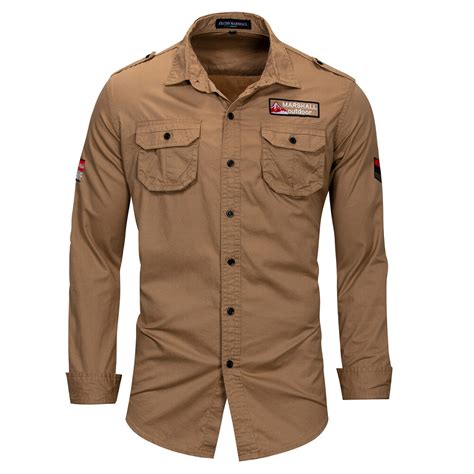 Mens Outdoor Military Pocket Epaulet Cotton Long Sleeve Work Shirts Sale Sold Out
