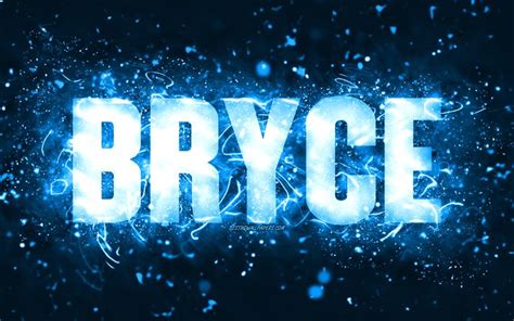 Download Wallpapers Happy Birthday Bryce K Blue Neon Lights Bryce Name Creative Bryce