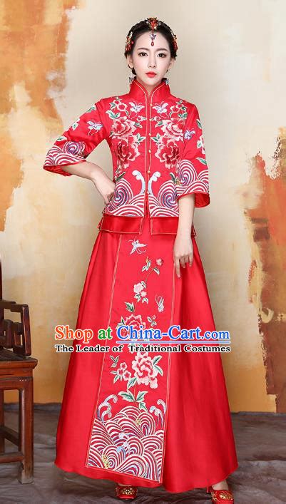 traditional ancient chinese wedding costume handmade xiuhe suits embroidery peony red long
