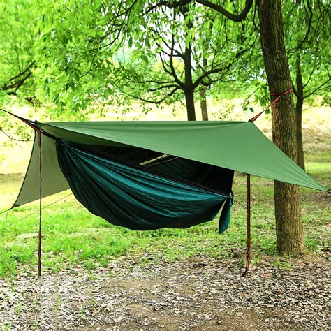 28 oz / 800 g. 3 In 1 Double Camping Hammock with Mosquito Net & Rain Fly Tarp Lightweight Parachute 210t Nylon ...