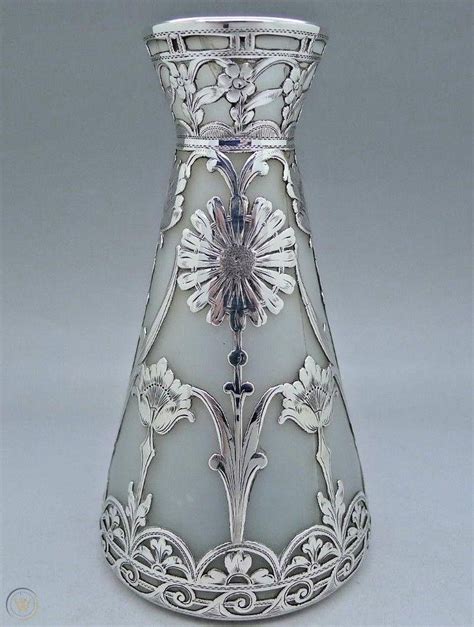 Loetz Satin Pearl Art Glass And Sterling Silver Overlay Vase Art Nouveau Silver Glass Art