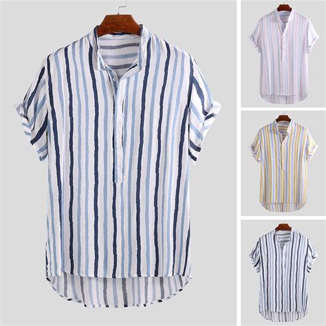 Incerun Mens Short Sleeve Striped Shirt Summer Holiday Male Clothes