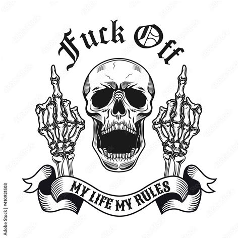creative fuck off gesture emblem monochrome design element with human skull showing middle