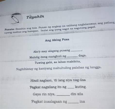 Täyahin Panuto Basahin Ang Tula Punan Ng Angkop Na Salitang