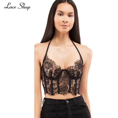 laceshop 2017 new fashion sexy style solid black bras for women halter floral lace underwire