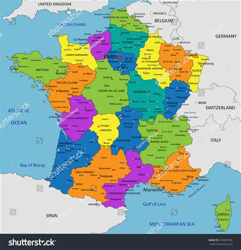 Colorful France Political Map Clearly Labeled Stock Vector 296431856