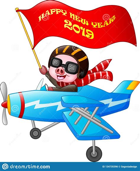 Cute Pig Cartoon Riding On A Plane With A Banner Of Happy